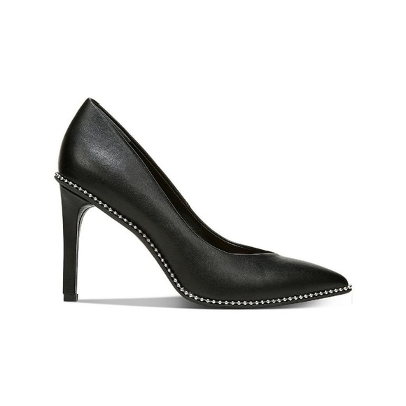 Bar III Black Binsa P Faux Leather Pointed Toe Heels Stilettos Silver Ball Trim - Picture 2 of 9